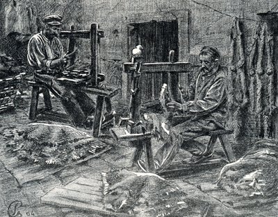 Rzemieślnicy mizdrujący owcze skóry Rycina z „Excursion a travers les metiers” autorstwa Pierre