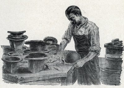 Kapelusznik: zaciskanie krawędzi melonika (robienie melonika) Rycina zaczerpnięta z „Excursion a travers les metiers” autorstwa Pierre Calmette Private Collection autorstwa Pierre Calmettes