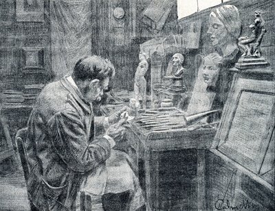 Pracownik kości słoniowej rzeźbiący kość słoniową za pomocą dłut, skrobaków i żłobień Rycina z „Excursion a travers les metiers” autorstwa Pierre Calmette Private Collection autorstwa Pierre Calmettes
