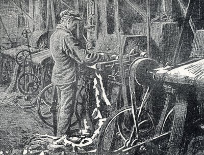 Кожевенная промышленность: механическое скашивание мехов. Гравюра из «Экскурсии по лесным фабрикам» частной коллекции Пьера Кальметта. autorstwa Pierre Calmettes
