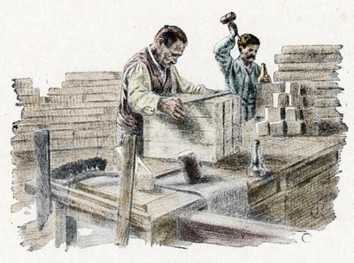 Savonnerie: le découpage des breads de soap (produkcja kostek mydła) Rycina z „Wycieczki przez zawody” autorstwa Pierre