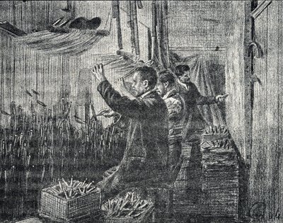 Gobelin z Aubusson: tapicerzy pracują do góry nogami Rycina z „Excursion a travers les metiers” autorstwa Pierre Calmette Kolekcja privee autorstwa Pierre Calmettes