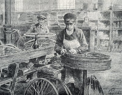 Robotnicy mocujący szprychy do obręczy roweru podczas jego produkcji (produkcja rowerów) Rycina z prywatnej kolekcji Pierre