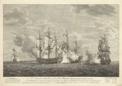 Atak angielskiego statku na trzy francuskie statki u St. Eustatius, 1758 autorstwa Pierre Charles Canot