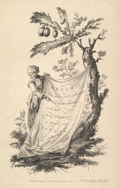 Strona tytułowa: uśmiechnięty mężczyzna trzyma róg szmatki przywiązanej do drzewa figowego i wskazuje s..., 1759. autorstwa Pierre Charles Canot