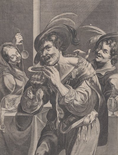 Mężczyzna pijący zupę, podczas gdy dwie osoby go obserwują, 1624-75. autorstwa Pierre Daret