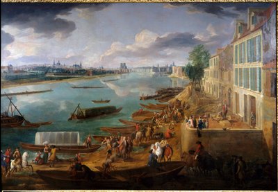 Widok na Paryż, zaczerpnięty z Quai de la Rapee w 1716 r. Szczegóły łodzi na Sekwanie i aktywności. Obraz Pierre