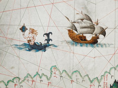 Fragment syreny podziwiającej siebie w lustrze i statku na wschodzie na Oceanie Południowym, z Mapy świata, „Faicte a Arqves par Pierres Desceliers P[res]b[yte]re lan 1550” (vellum) autorstwa Pierre Descaliers
