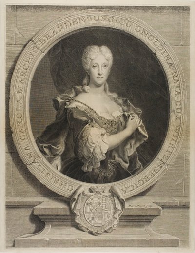 Portret Christine-Caroline, margrabiny Brandenbourg-Onoltzbach, żony Guillaume-Frédéric z Wurtemburga, 1694-1723 autorstwa Pierre Drevet