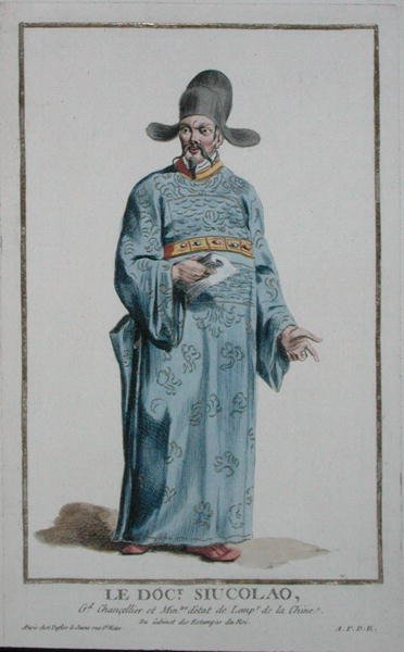 Doktor Scolau z „Recueil des Estampes, Representant les Rangs et les Dignites, według stroju wszystkich istniejących narodów”, wydanej w 1780 r. (rycina ręcznie kolorowana) autorstwa Pierre Duflos