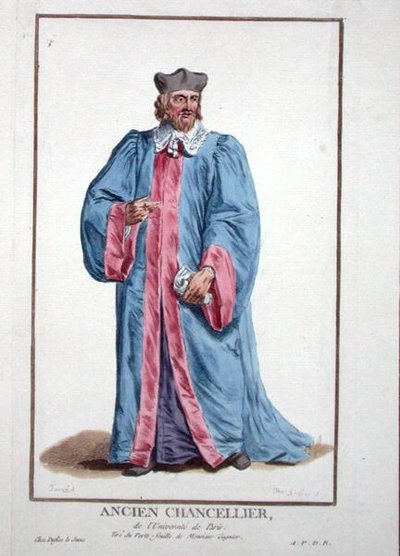 Suknia kanclerza Uniwersytetu Paryskiego z „Receuil des Estampes, Representant les Rangs et les Dignites, według stroju wszystkich istniejących narodów”, wydana w 1780 r. (rycina ręcznie kolorowana) autorstwa Pierre Duflos
