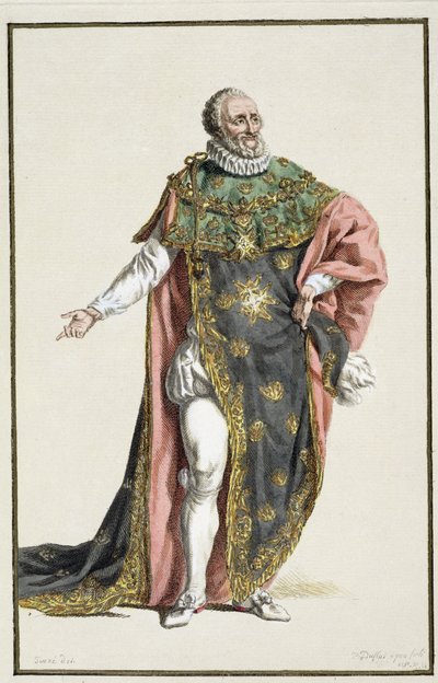 Henryk IV (1553-1610) król Francji, z Receuil des Estampes, reprezentujący szeregi i godności, na wzór stroju wszystkich istniejących narodów, wydany w 1780 r. (rycina ręcznie kolorowana) autorstwa Pierre Duflos