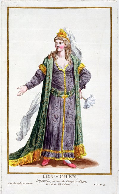 Hyu-Chen, żona Czyngis-chana, z „Receuil des Estampes, reprezentująca szeregi i dostojników, według stroju wszystkich istniejących narodów”, opublikowana w 1780 r. (rycina ręcznie kolorowana) autorstwa Pierre Duflos