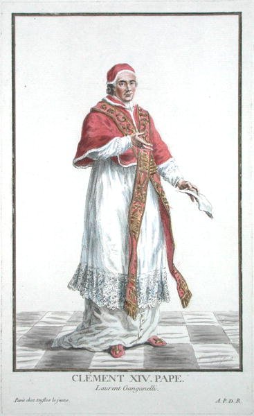 Lorenzo Ganganelli (1705-1774) Papież Klemens XIV (1769-1774) z „Receuil des Estampes, reprezentujący szeregi i dostojników, według stroju wszystkich istniejących narodów”, wydanej w 1780 r. (rycina ręcznie kolorowana) autorstwa Pierre Duflos