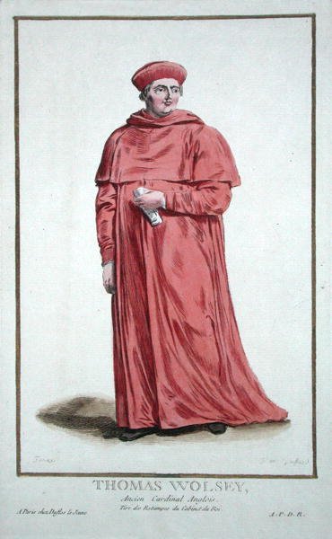 Thomas Wolsey (c.1475-1530), z „Receuil des Estampes, reprezentujący szeregi i dostojników, według stroju wszystkich istniejących narodów”, wydana w 1780 r. (rycina ręcznie kolorowana) autorstwa Pierre Duflos