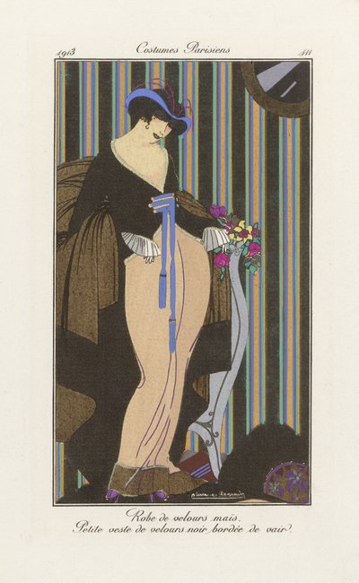 Projekt aksamitnej sukienki, z Costumes Parisien, wyd. 1913 (druk w pochoirze) autorstwa Pierre E. Legrain