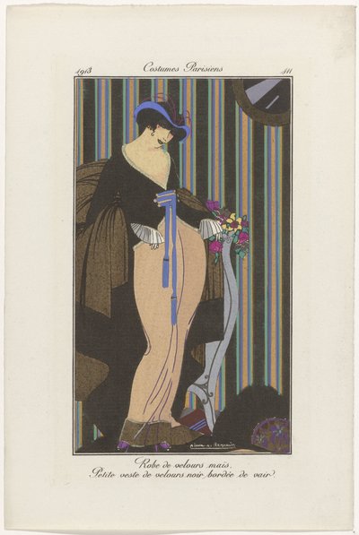 Journal of Ladies and Fashions: ilustratorzy mody Journal of Ladies and Fashions: Wiadomości o modzie Journal des Dames et des Modes, Costumes Parisiens, 1913, nr 111: Aksamitna sukienka (...) autorstwa Pierre Emile Legrain