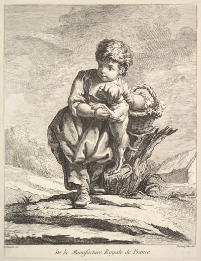 Dziecko z psem, trzymające kosz winogron, z Premier Livre de Figures daprès les po..., 1757. autorstwa Pierre Etienne Falconet
