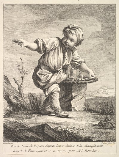 Frontyspis z małym chłopcem trzymającym koszyk, z Premier Livre de Figures daprès les po..., 1757. autorstwa Pierre Etienne Falconet