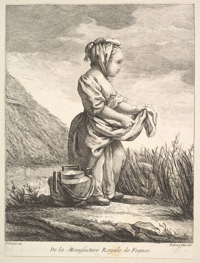 Mała dziewczynka z naczyniem przy stopach, z Premier Livre de Figures daprès les porcelana..., 1757. autorstwa Pierre Etienne Falconet