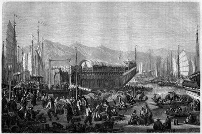Boat des Fleurs, restauracja i miejsce zabawy w porcie Szanghaju w 1860 roku w Chinach. Grawerowanie Grandsire, w „”Le Tour du Monde, Nouveau journal des Voyages””, pod redakcją Edouarda Chartona, Paryż autorstwa Pierre Eugene Grandsire
