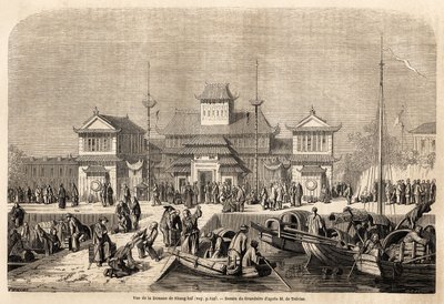 Budynek celny w Szanghaju, narysowany przez Grandsire, ilustrujący podróż do Chin i Japonii w latach 1857-1858 markiza de Moges. Grawerowanie w „”Le tour du monde, nouveau journal des voyages””Paryż autorstwa Pierre Eugene Grandsire