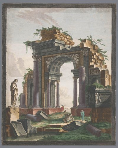 Widok na ruiny łuku triumfalnego Pomnik Ruine d´ancien (tytuł na obiekcie) autorstwa Pierre François Basan