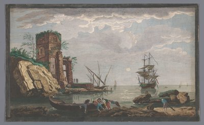 Widok na wybrzeże w pobliżu miasta Tulon przy świetle księżyca Vüe ​​des environs de Toulon (tytuł na obiekcie) autorstwa Pierre François Basan