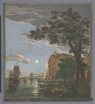 Widok na wybrzeże ze statkami i łodziami na wodzie przy świetle księżyca La pleine lune (tytuł na obiekcie) autorstwa Pierre François Basan