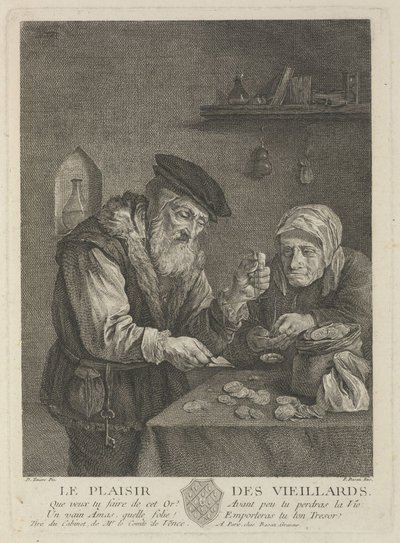 Rozkosze starości po obrazie Davida Teniersa Młodszego, połowa XVIII w. autorstwa Pierre François Basan