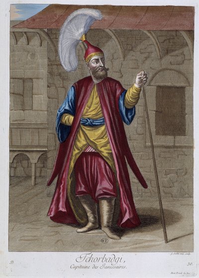 Tchorbadgi, kapitan janczarów, „Zbiór 100 rycin reprezentujących różne narody Lewantu w latach 1707 i 1708” na polecenie M. de Frriola, ambasadora króla w Porte i aktualizowany w latach 1712-13 przez opiekę M. Le Hay, Basan en autorstwa Pierre François Basan