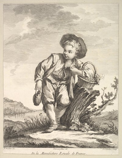 Mały chłopiec trzymający kosz winogron, z II Księgi Figur po po..., po 1757 r. autorstwa Pierre François Tardieu