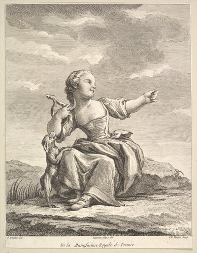 Dziewczynka bawiąca się z psem, z II Księgi Figur po porcelanie..., po 1757 r. autorstwa Pierre François Tardieu