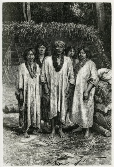 Główne typy Lacandon i Lacandon, Majowie żyjący w dżunglach Chiapas (Meksyk). Grawer P.Fritela, ilustrujący opowieść „Podróż na Jukatan i do krainy Lakandonów”, 1882, autorstwa Desire Charnay (1828-1915) archeologa i fotografa autorstwa Pierre Fritel
