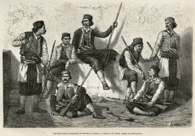 Krivoscianie, alpiniści z Bouches de Cattaro (lub Kotor, zatoka na zachodnim wybrzeżu Czarnogóry), broń, aby oprzeć się sile wkroczenia wojsk austriackich. Grawerowanie według rysunku P.Fritela, aby zilustrować podróż do Dalmacji, autorstwa C autorstwa Pierre Fritel