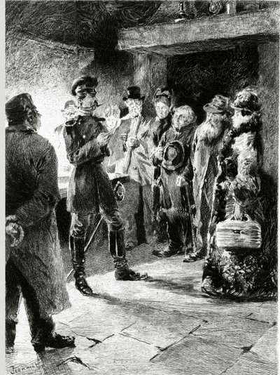 Niemiecki oficer prosi Boulle de Tallow w zamian za uwolnienie wszystkich pasażerów, którzy zostali zatrzymani przy staranności. W „Kula z łoju” Guy de Maupassant (1850-1893). Ilustracja PG Jeanniota (1848-1934). Opublikowano w Ollendorff i autorstwa Pierre Georges Jeanniot