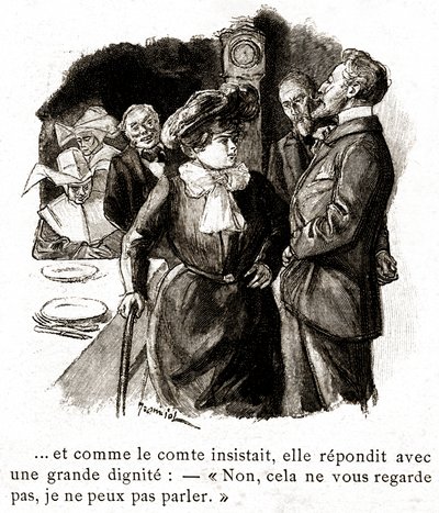 "Boule de Suif": Elisabeth Rousset odmawia odpowiedzi hrabiemu, początek XX wieku (ilustracja) autorstwa Pierre Georges Jeanniot