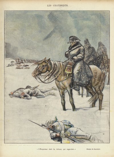 Napoleon w odwrocie z Moskwy, ilustracja do Le Rire autorstwa Pierre Georges Jeanniot