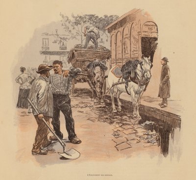 Paryscy sprzątacze ulic (kolorowa litografia) autorstwa Pierre Georges Jeanniot