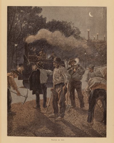 Roboty drogowe w Paryżu nocą (kolorowa litografia) autorstwa Pierre Georges Jeanniot