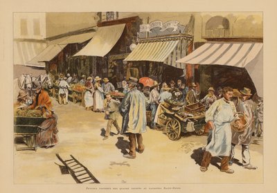 Marchandes de quatre saisons na Rue du Faubourg Saint-Denis, Paryż (kolorowa litografia) autorstwa Pierre Georges Jeanniot