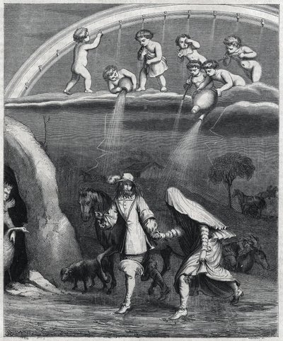 Enee i Didon zaskoczeni deszczem w lesie. Ilustracja „”Transwestyty Wergiliusza”” Paula Scarrona (1610-1660), parodia „L