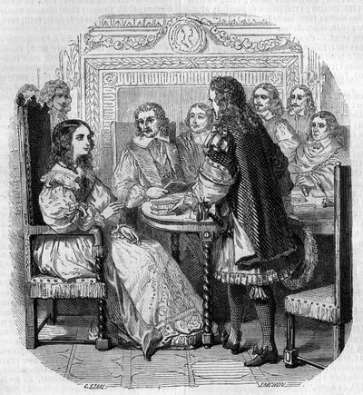 Wizyta królowej Krystyny Suede (1626-1689) w Academy Francaise w Paryżu w obecności kardynała Richelieu Grawerowanie G. Staala autorstwa Pierre Gustave Eugene Staal