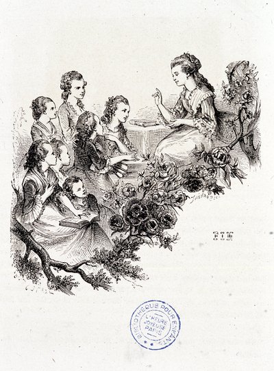 Młoda gospodyni opowiadająca bajkę grupie dzieci – w „Le magasin des enfants” pani Leprince de Beaumont, il. Staal, Garnier autorstwa Pierre Gustave Eugene Staal