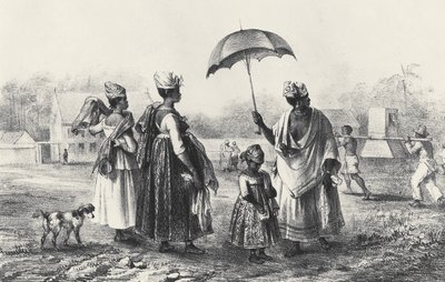 Handlarze niewolników z dziećmi, z „Podróży do Surinamu”, 1839 (lito) (zdjęcie czarno-białe) autorstwa Pierre J. (after) Benoit