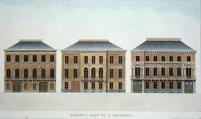 Domy w Gandawie i Grammont, Belgia, z "Choix des Monuments, Edifices et Maisons les plus remarquables du Royaume des Pays-Bas" Pierre