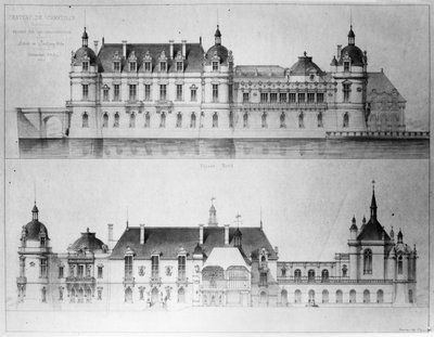 Projekt przebudowy fasady północnej i fasady Petit Chateau zamku Chantilly, 1875 (ołówek i wc na papierze) (zdjęcie bw) autorstwa Pierre Jerome Honore Daumet