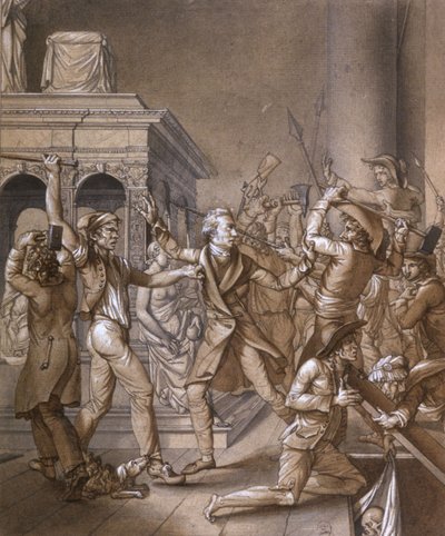 Alexandre Lenoir sprzeciwiał się rewolucjonistom, gdy chcą zniszczyć grób króla Francji Ludwika XII w bazylice królewskiej Saint Denis w 1793 r., w czasie rewolucji francuskiej autorstwa Pierre Joseph Lafontaine