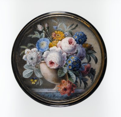 Szylkretowe pudełko z miniaturą kwiatów w kamiennym wazonie na marmurowej płycie, 1827 (wc i kolor nadwozia na kartonie, osadzony pod szkłem w oprawie z pozłacanego metalu) autorstwa Pierre Joseph Redouté