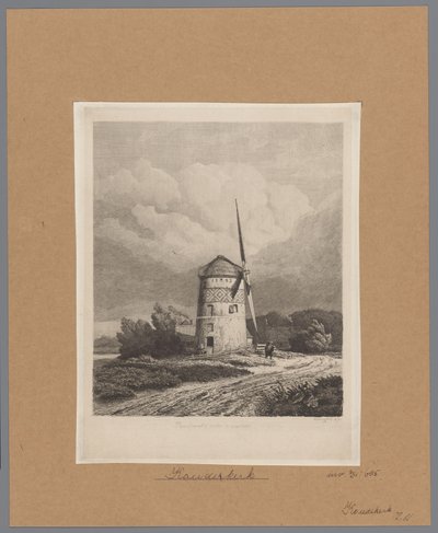 Widok na wiatrak Steenenmolen lub Rembrandta w Koudekerk aan den Rijn Wiatrak Rembrandta w Koukerk (tytuł na obiekcie) autorstwa Pierre Louis Dubourcq